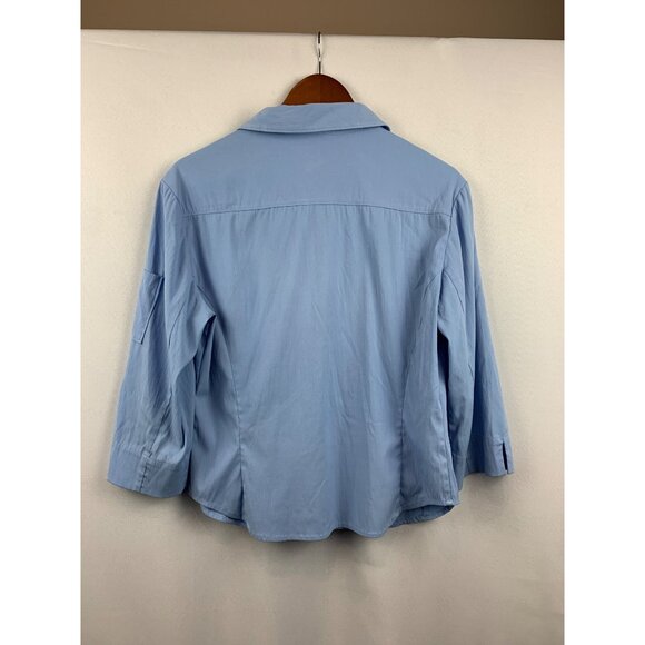 Express Womens Stretch 3/4 Sleeve Blue Zip-Up Collared Shirt - Picture 5 of 5
